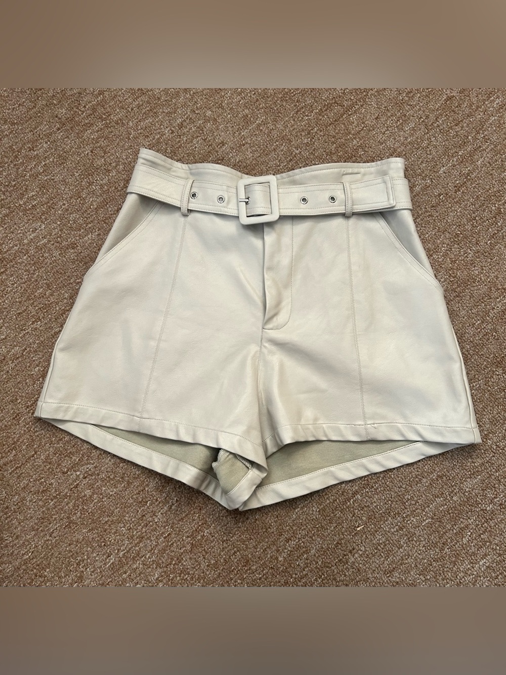 Le Lis High-Waist Cream Belted Faux-Leather Shorts